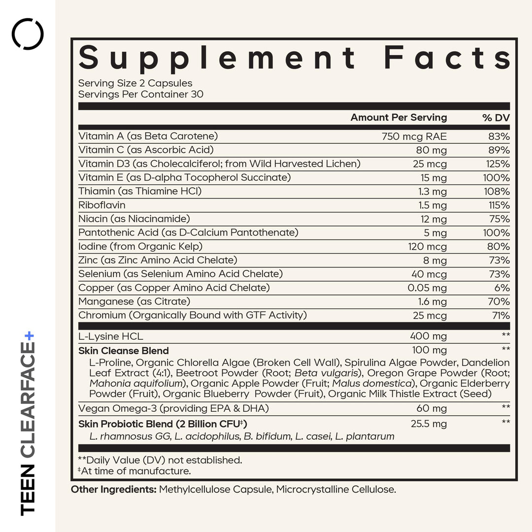 Codeage Teen Clearface Adolescent Skin Supplement, 60 Count
