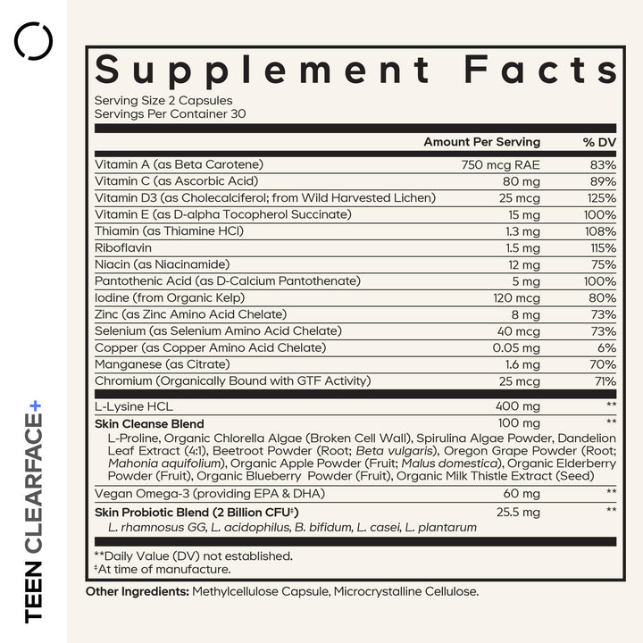 Codeage Teen Clearface Adolescent Skin Supplement, 60 Count