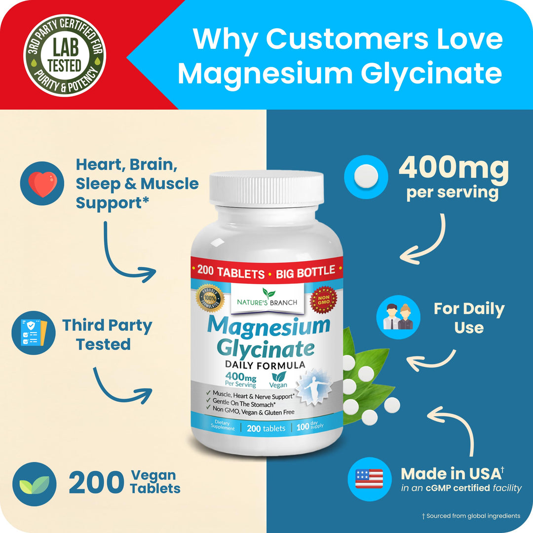 NATURE'S BRANCH Magnesium Glycinate 400 mg, 200 Count