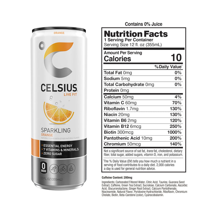 CELSIUS Sparkling Orange Energy Drink, Sugar Free, 12 fl oz, Pack of 12