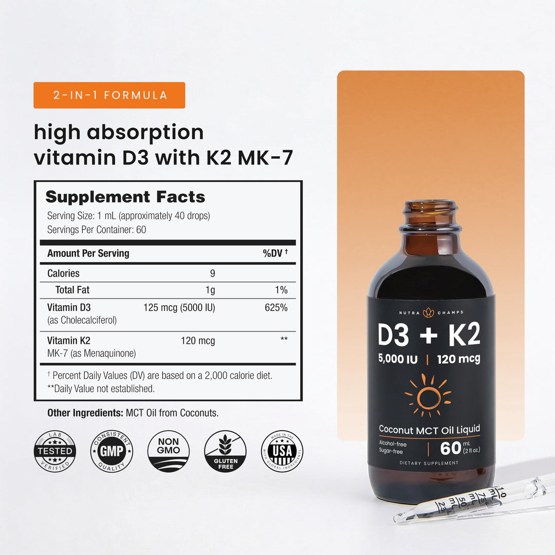 NutraChamps Vitamin D3 K2 Drops, Liquid, 5000 IU