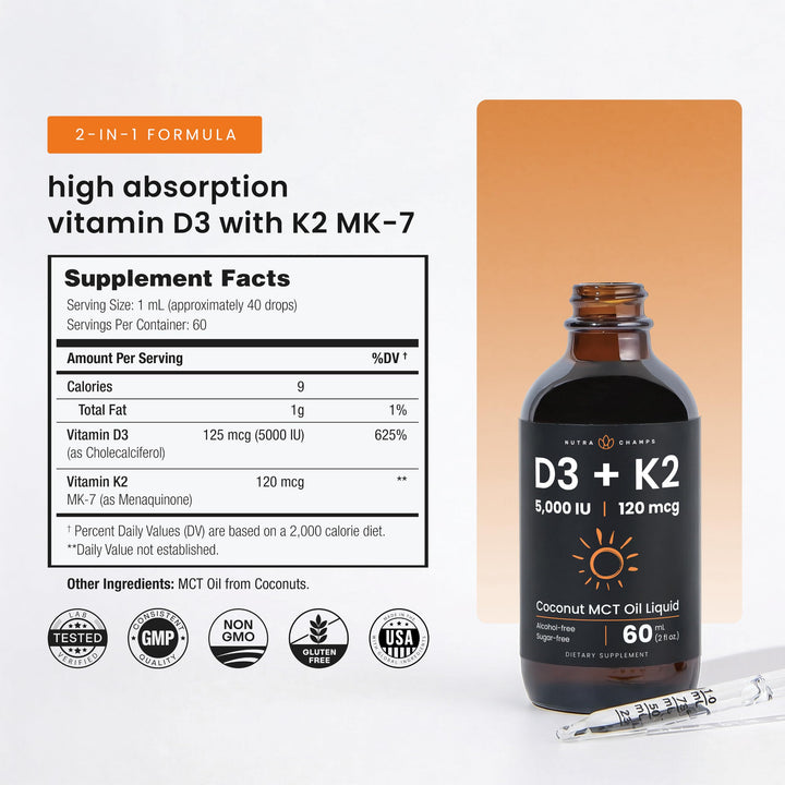 NutraChamps Vitamin D3 K2 Drops, Liquid, 5000 IU