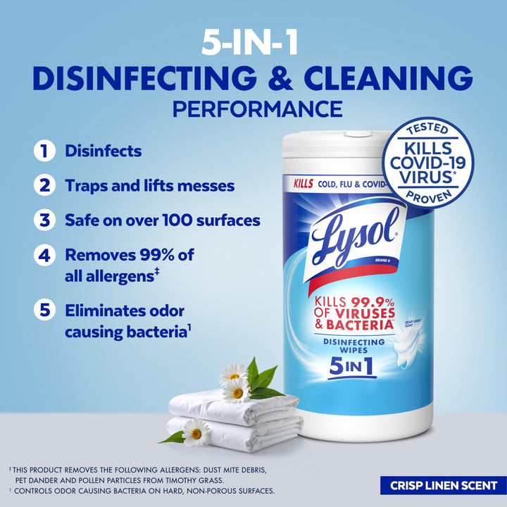 Lysol Disinfecting Wipes, Crisp Linen, 80 Count