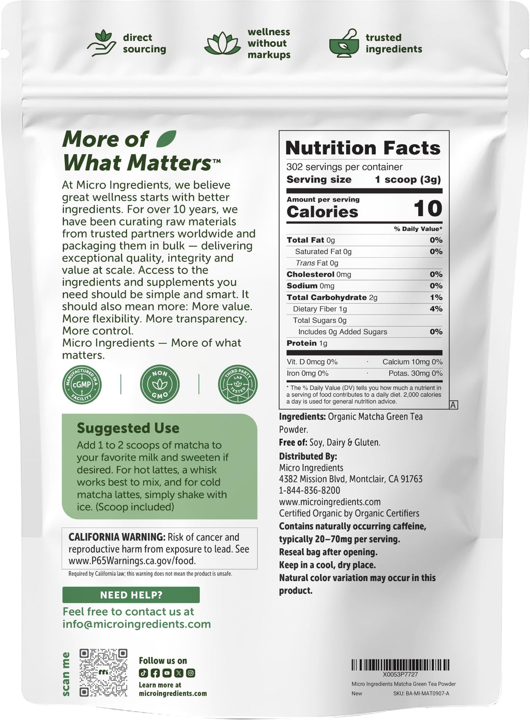 Micro Ingredients Organic Matcha Green Tea Powder, 2 lb
