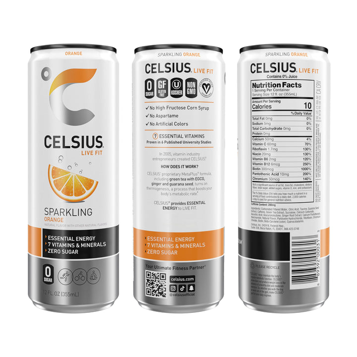 CELSIUS Sparkling Orange Energy Drink, Sugar Free, 12 fl oz, Pack of 12