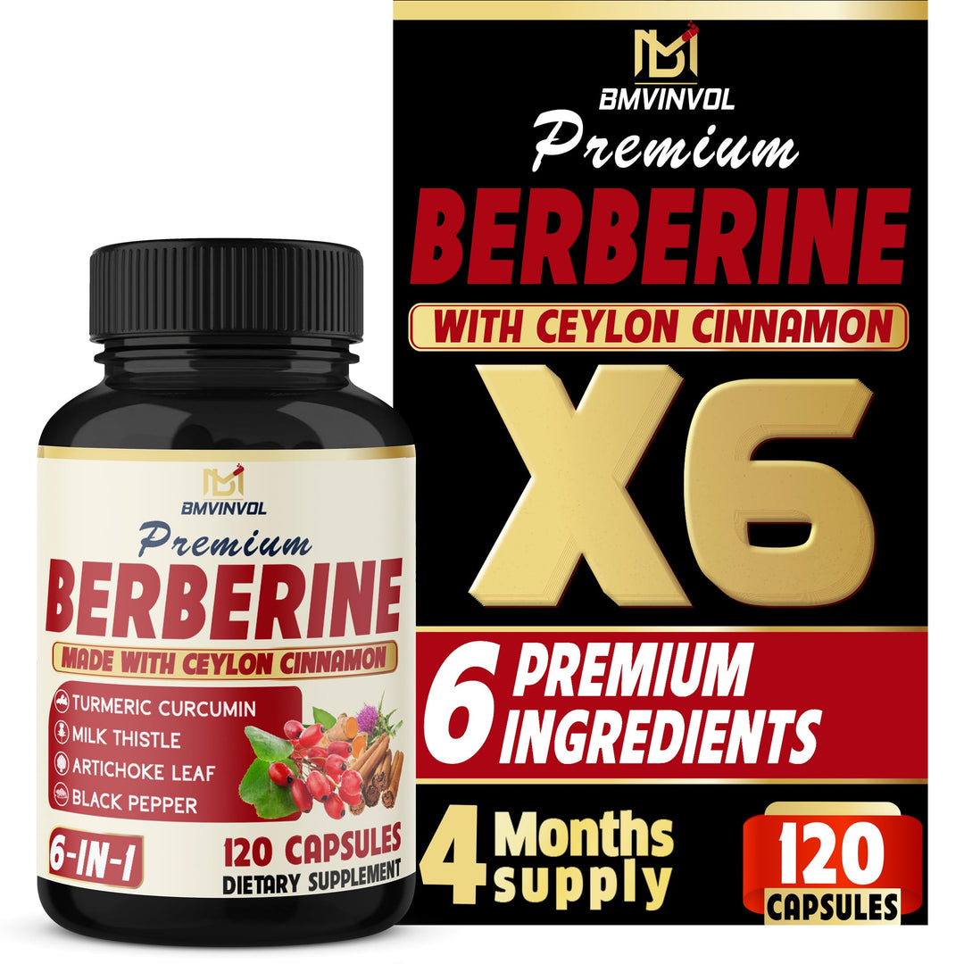 BMVINVOL 6 in 1 Berberine Supplement With Ceylon Cinnamon, Turmeric Root, Milk Thistle, Artichoke And Black Pepper, 120 Count