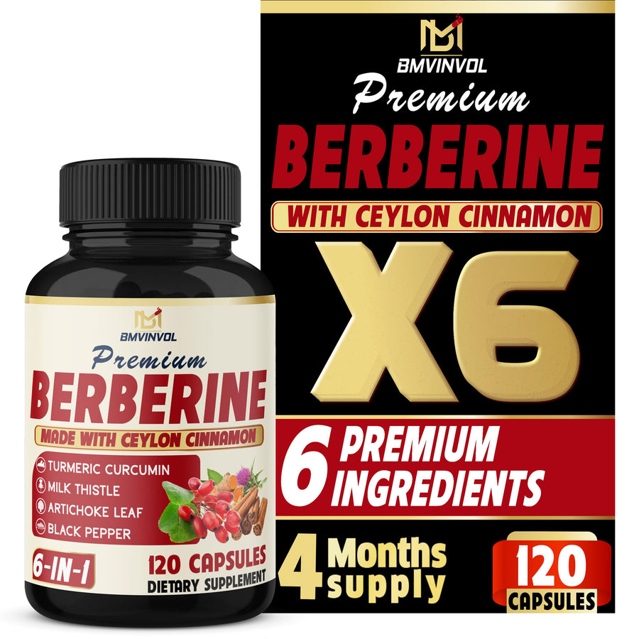 BMVINVOL 6 in 1 Berberine Supplement With Ceylon Cinnamon, Turmeric Root, Milk Thistle, Artichoke And Black Pepper, 120 Count