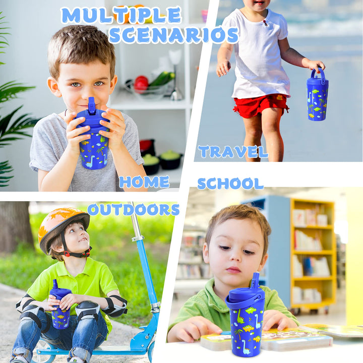 Opreine Kids Water Bottle With Straw Lid, Blue Dinosaur, 14 oz