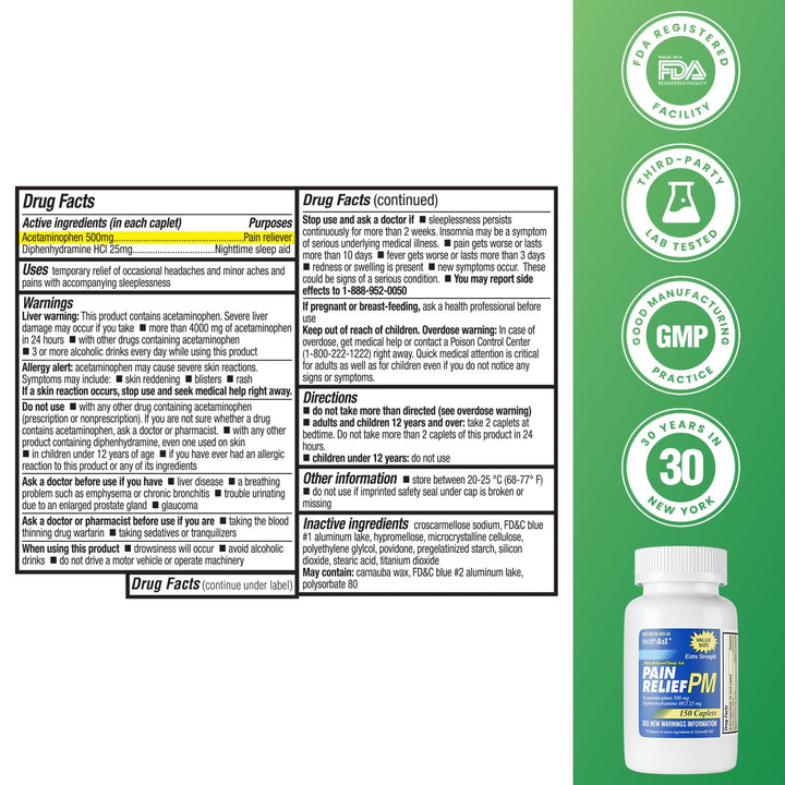 HealthA2Z Extra Strength Pain Relief PM, 500 mg, 25 mg, 150 Count