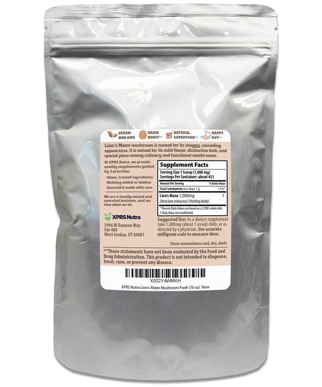 XPRS Nutra Organic Lion's Mane Mushroom Powder, 16 oz