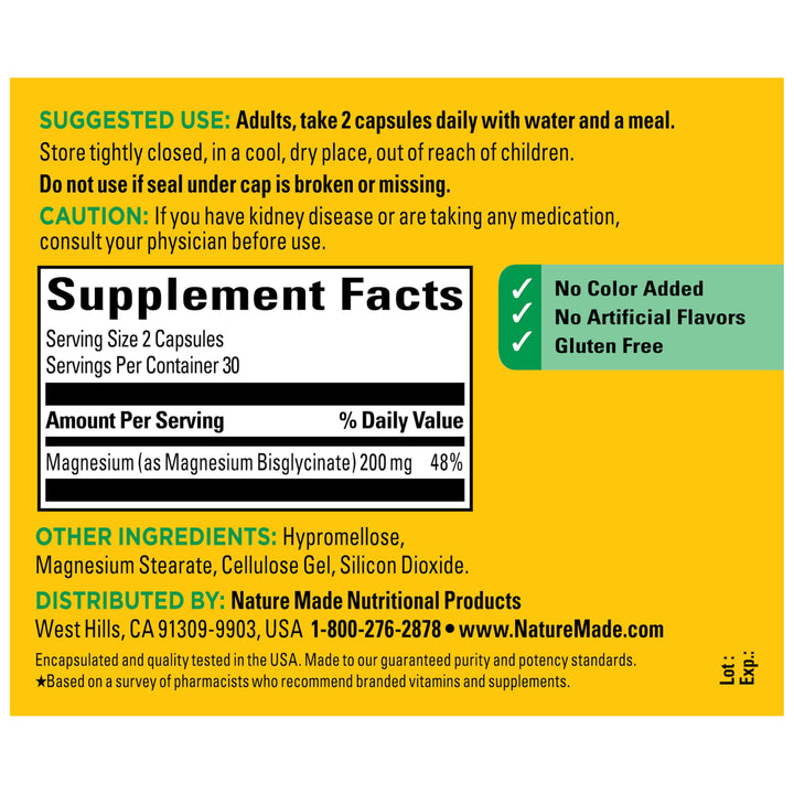 Nature Made Magnesium Glycinate Capsules, 200 mg, 60 Count