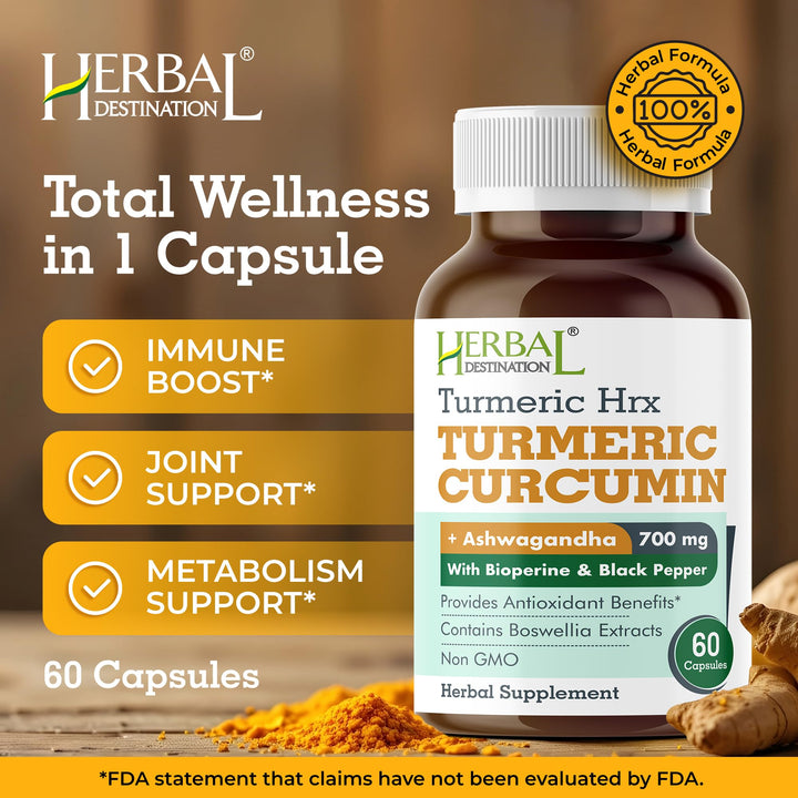 Herbal Destination Turmeric Curcumin With Boswellia & Ashwagandha, 60 Count