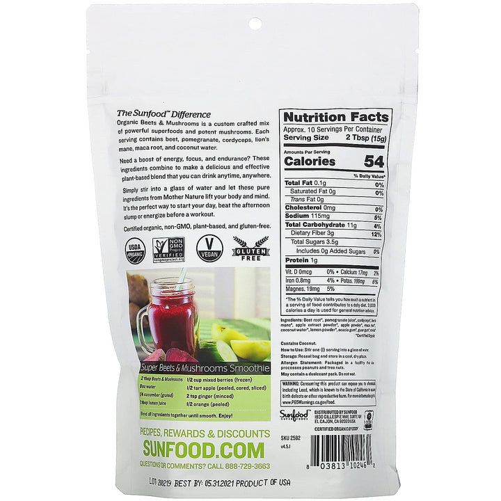 Sunfood Superfoods Organic Beets & Mushrooms Powder, 5.31 oz