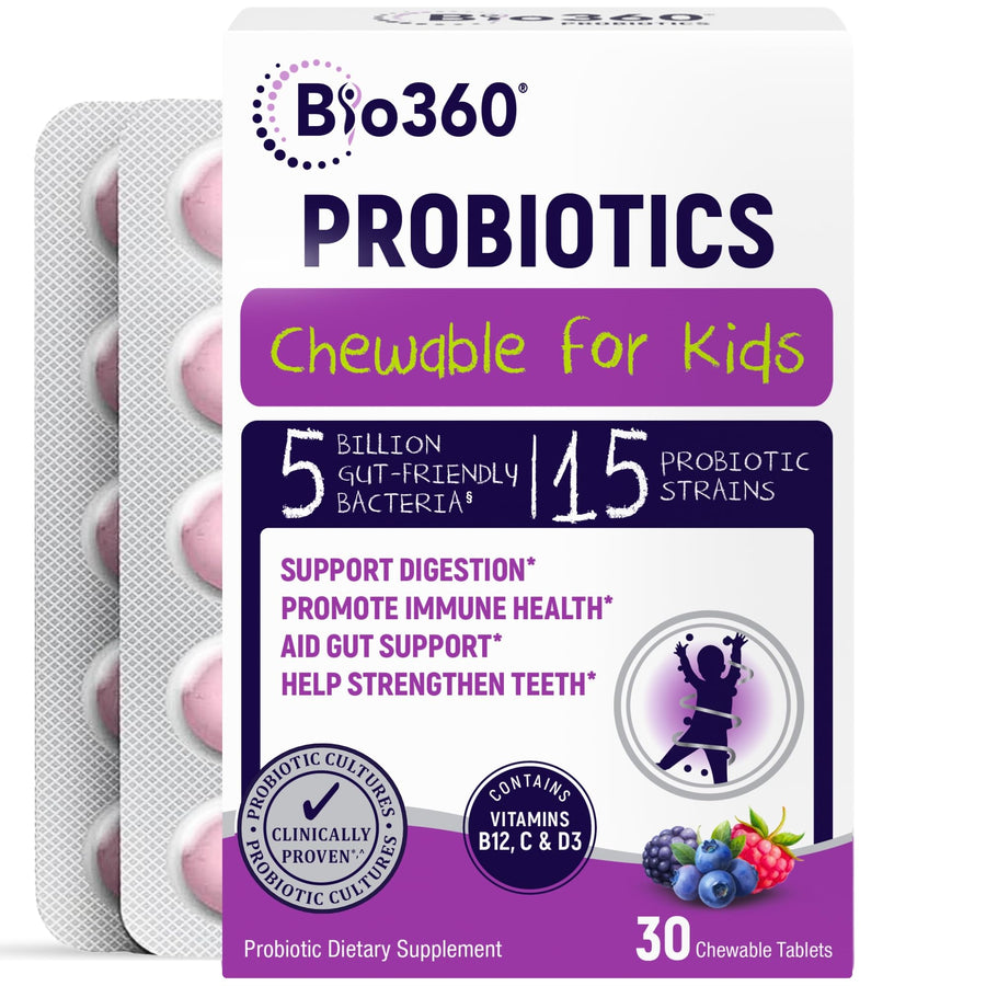 Bio360 Kids Probiotic Chewable Supplements, Mixed Berry, 5 Billion CFU, 30 Count