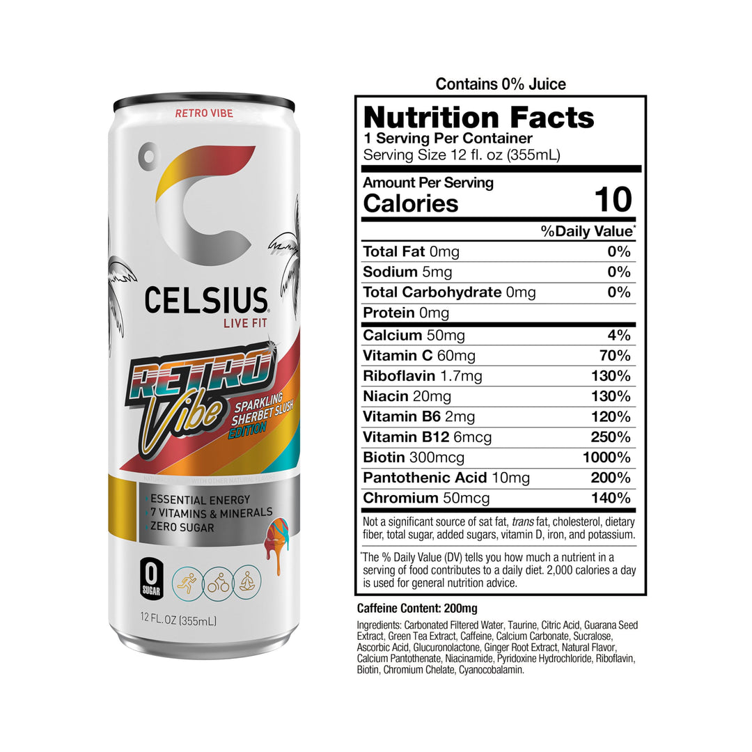 CELSIUS Retro Vibe Sparkling Sherbet Slush Sugar Free Energy Drink, 12 fl oz, Pack of 12