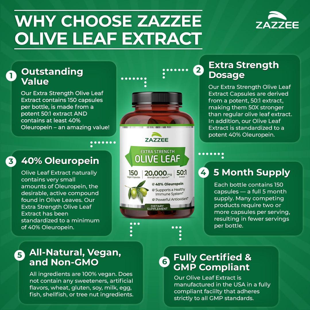 Zazzee Olive Leaf Extract, Extra Strength 50:1, 150 Count