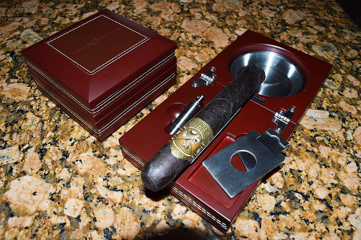 Habanosy Hermanos Compact Ash Tray with Cutter and Punch, Walnut with Leather, 4.75 in x 4.75 in x 2.8 in