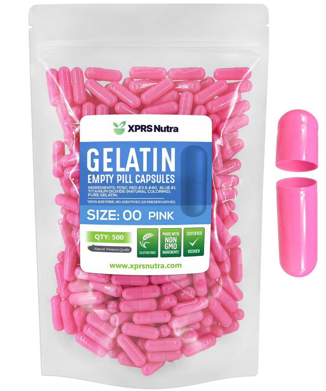 XPRS Nutra Empty Gelatin Capsules, Pink, Size 00, 500 Count