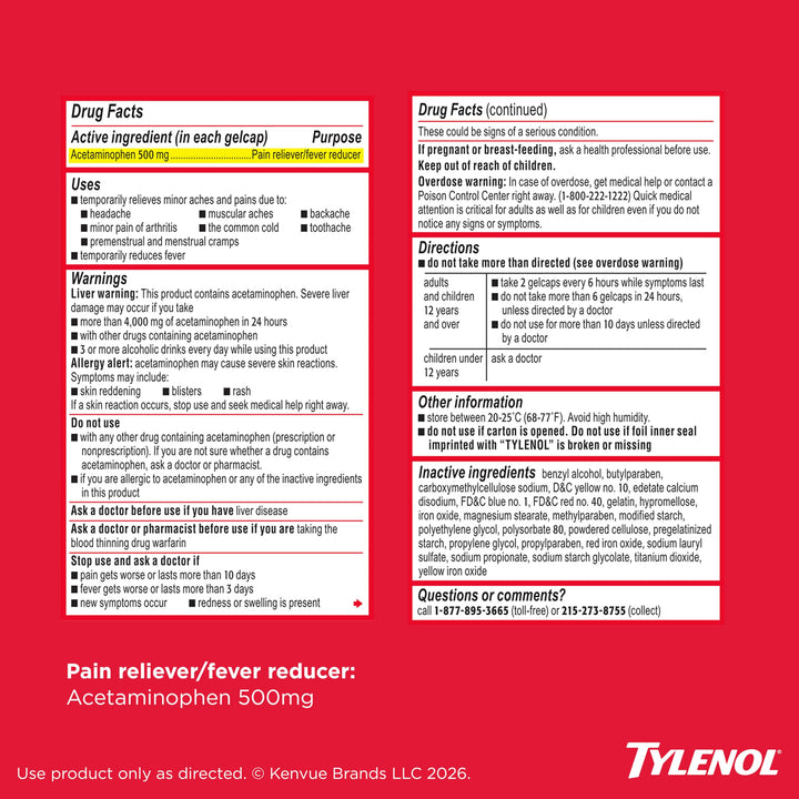 Tylenol Extra Strength Acetaminophen Rapid Release Gels, 500 mg, 100 Count