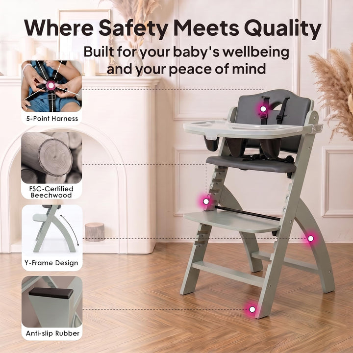 Abiie Beyond Junior Wooden High Chair, Misty Grey Wood/Black Pearl Cushion