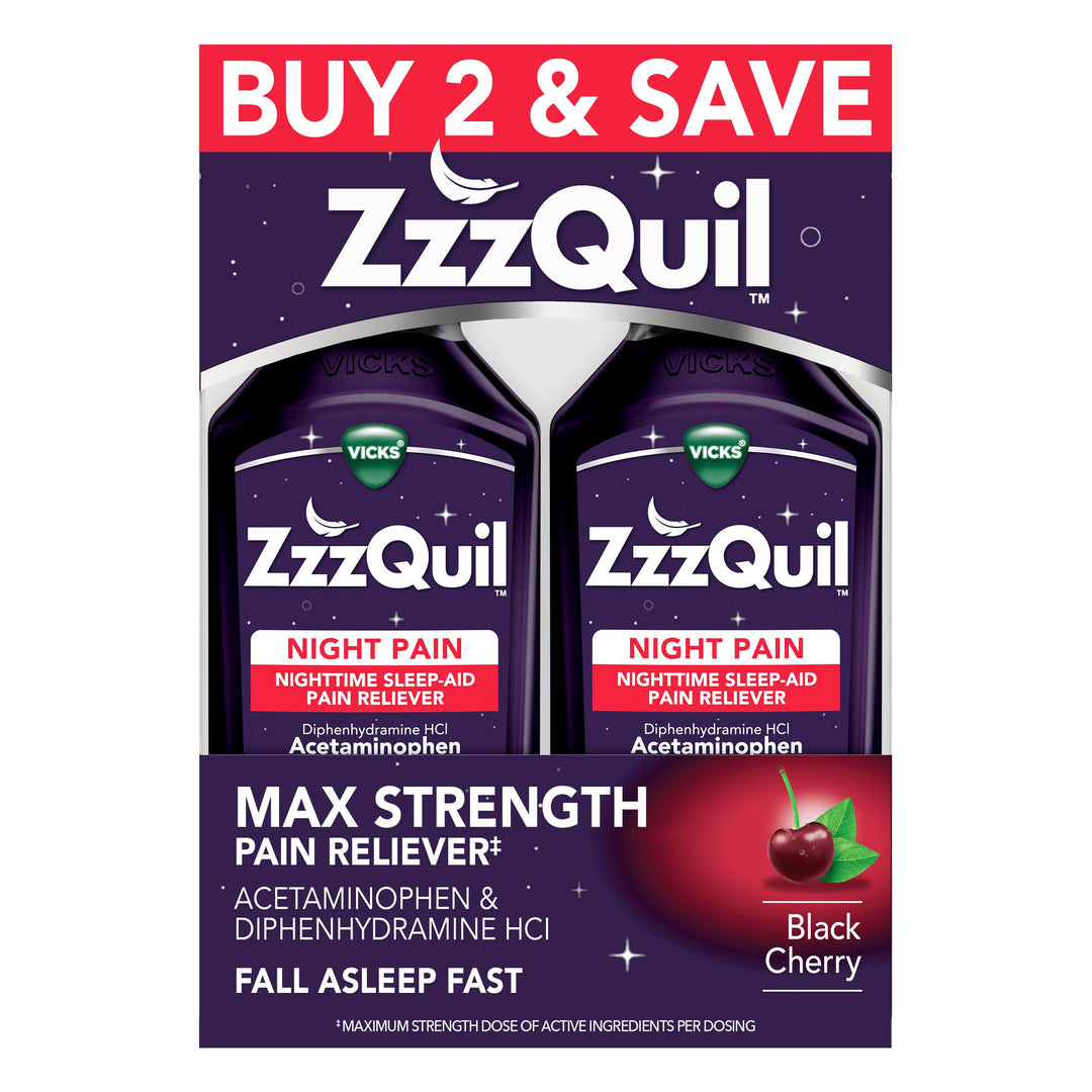 ZzzQuil Nighttime Pain Relief Sleep Aid Liquid, Black Cherry, Max Strength, 12 fl oz, Pack of 2
