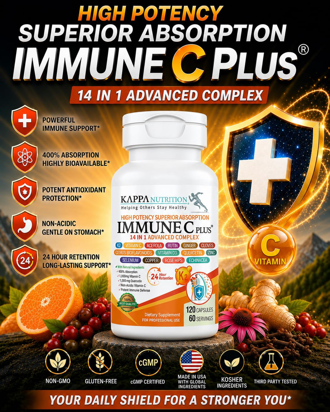 KAPPA NUTRITION Immune C Plus 14 in 1 Advanced Complex, 1,000 mg, 90 Count
