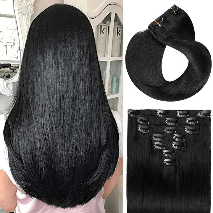 FAAAL Clip In Human Hair Extensions, Jet Black, 18 Inch 150g 7 Count