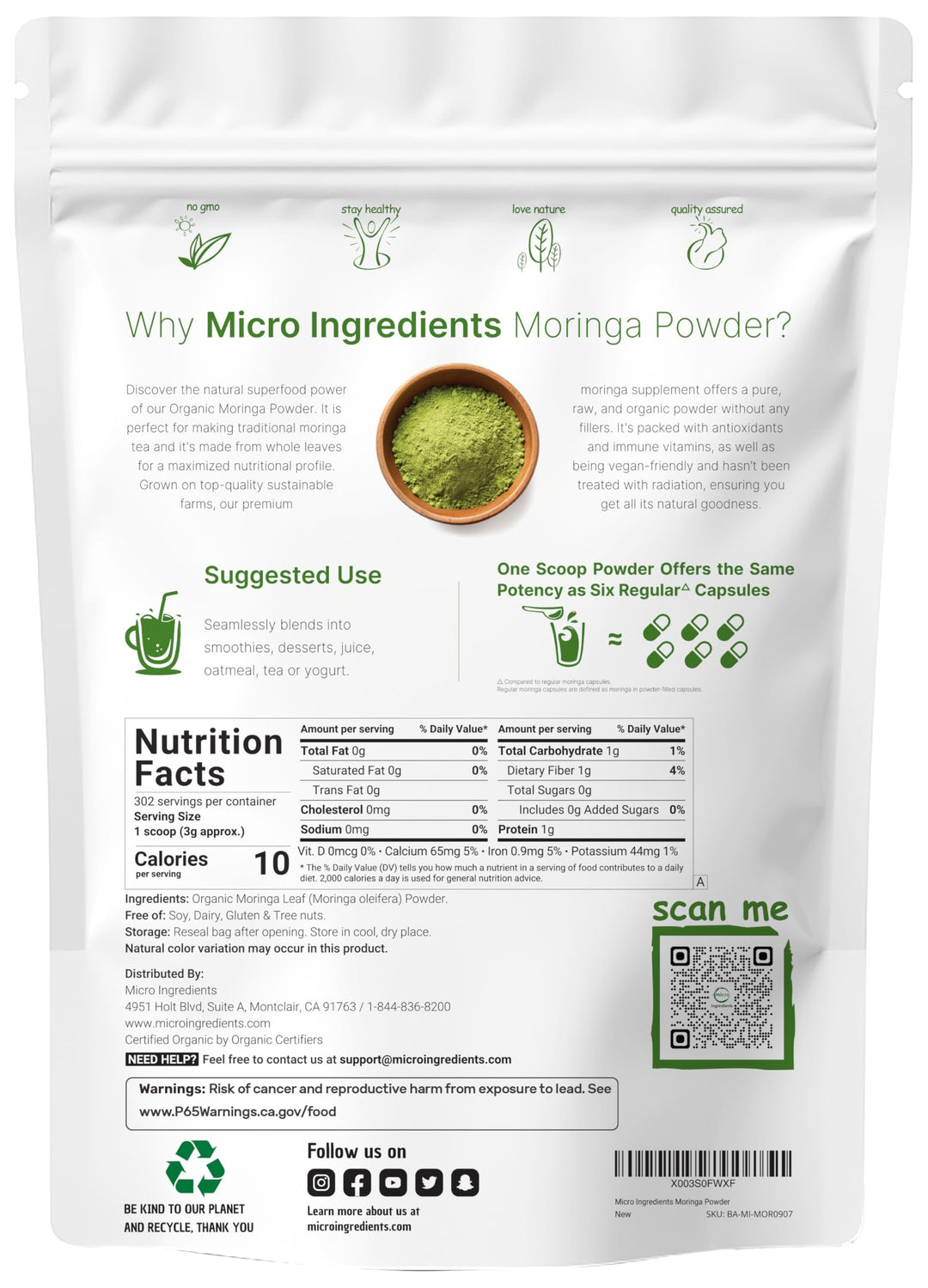 Micro Ingredients Organic Moringa Oleifera Leaf Powder, 2 lb
