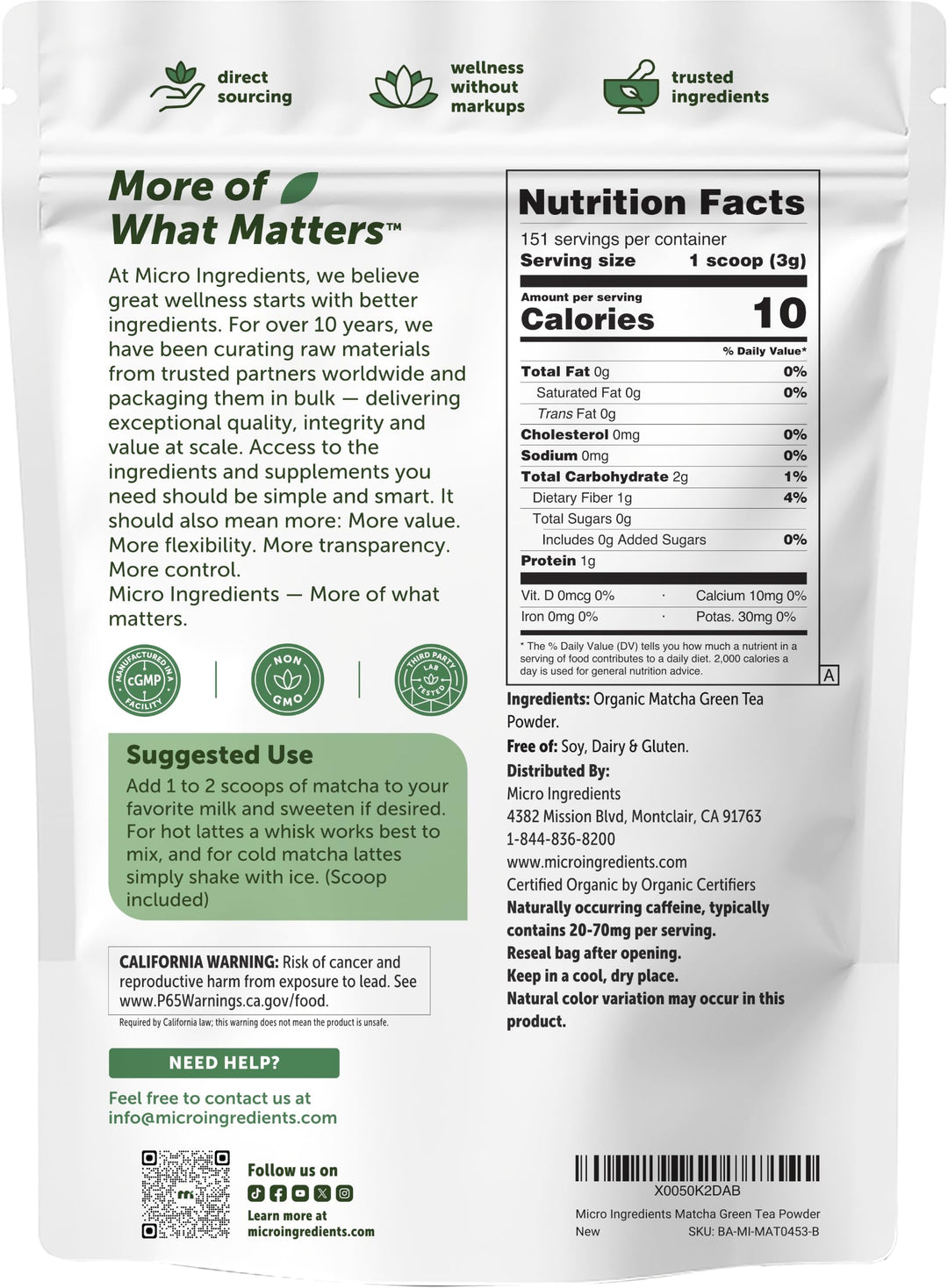 Micro Ingredients Organic Matcha Green Tea Powder, 1 lb