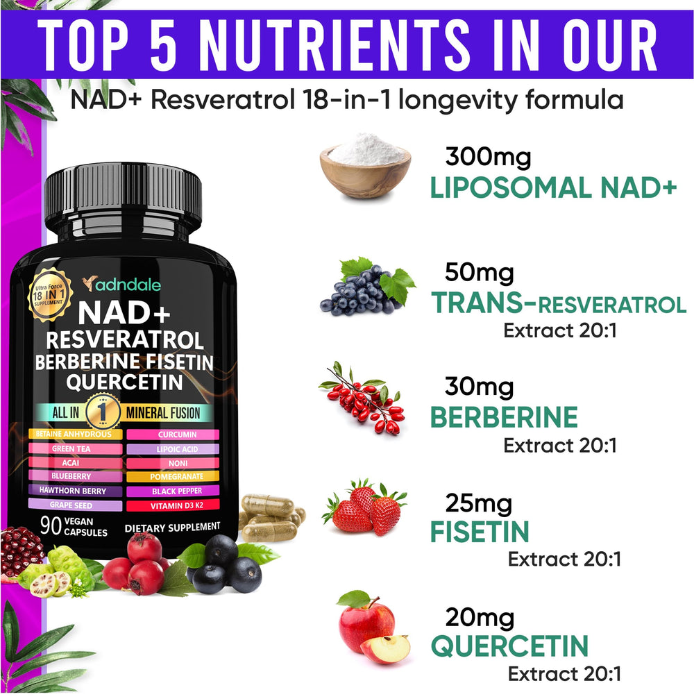Adndale NAD Supplement And Resveratrol, 300 mg, 1000 mg, 90 Count