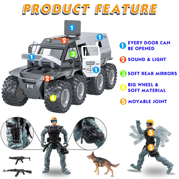 i diy Police Car Toy, 8x8, Military Policeman & Dog