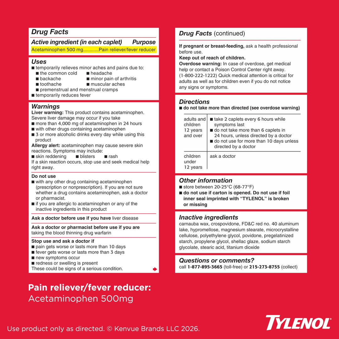 Tylenol Extra Strength Pain Reliever and Fever Reducer Caplets, 500 mg, 225 Count