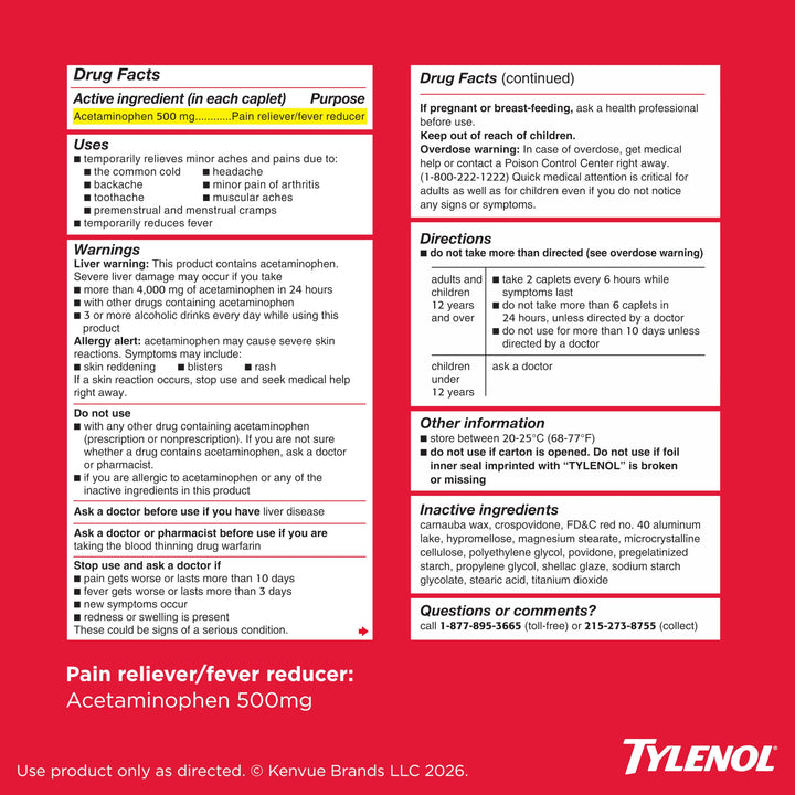 Tylenol Extra Strength Pain Reliever and Fever Reducer Caplets, 500 mg, 225 Count
