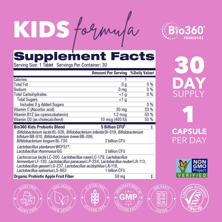 Bio360 Kids Probiotic Chewable Supplements, Mixed Berry, 5 Billion CFU, 30 Count