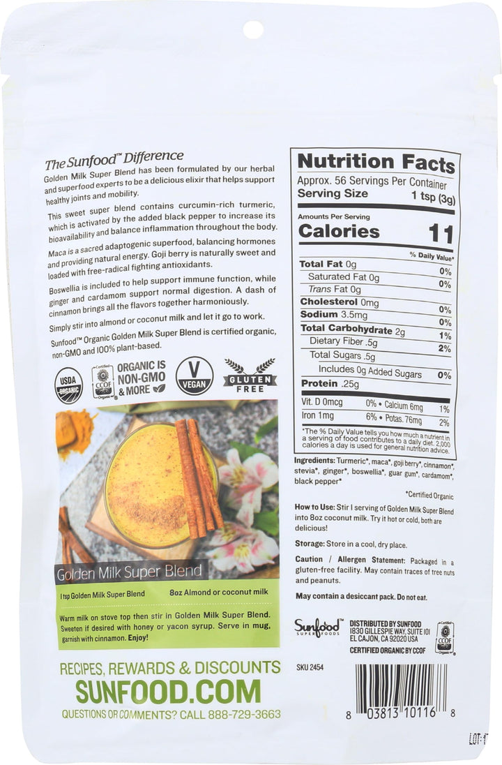 Sunfood Superfoods Golden Milk Super Blend, Organic, 6 oz