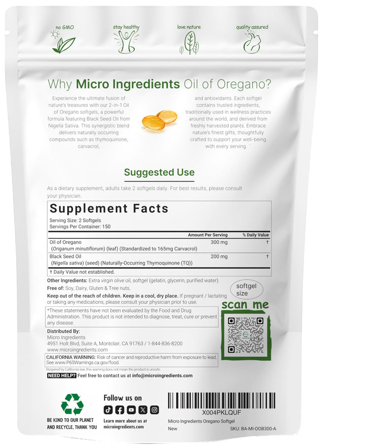 Micro Ingredients Oil of Oregano Softgels, 6000 mg, 300 Count