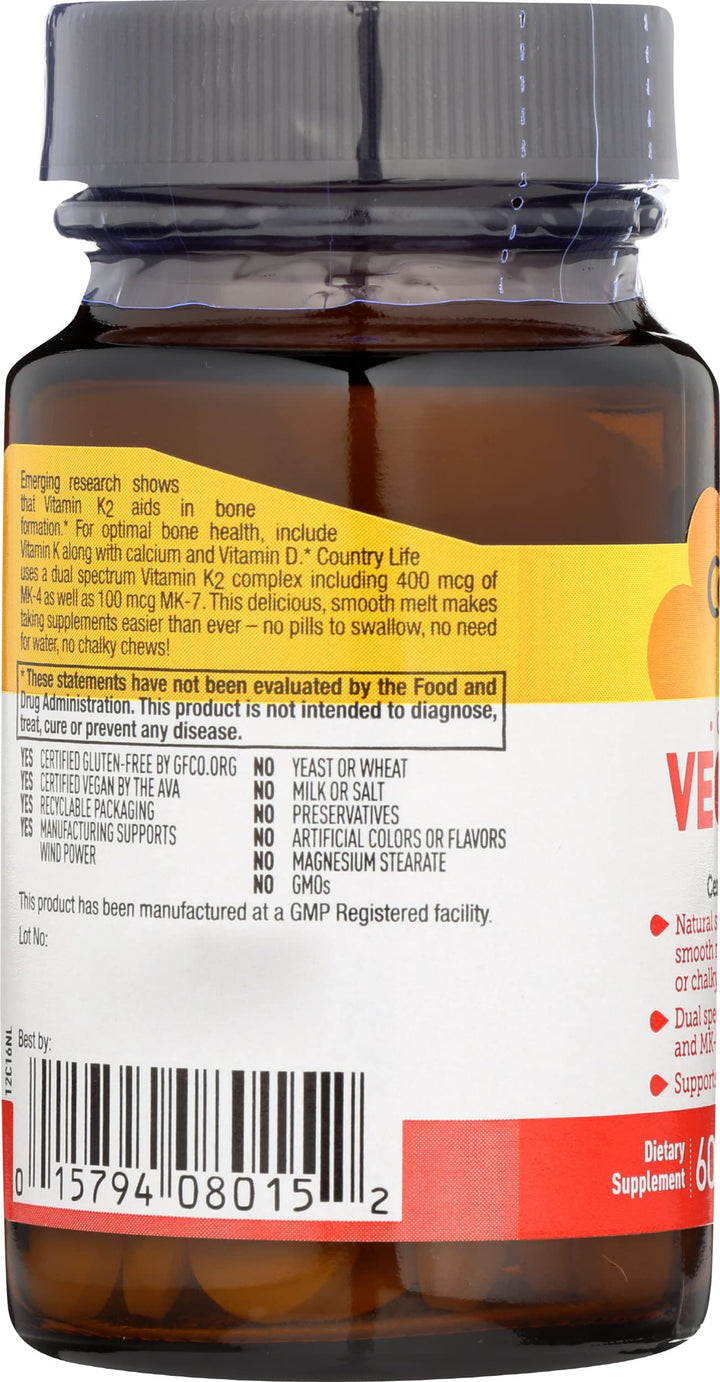 Country Life Vegan K2 Melts, 500 mcg, 60 Count
