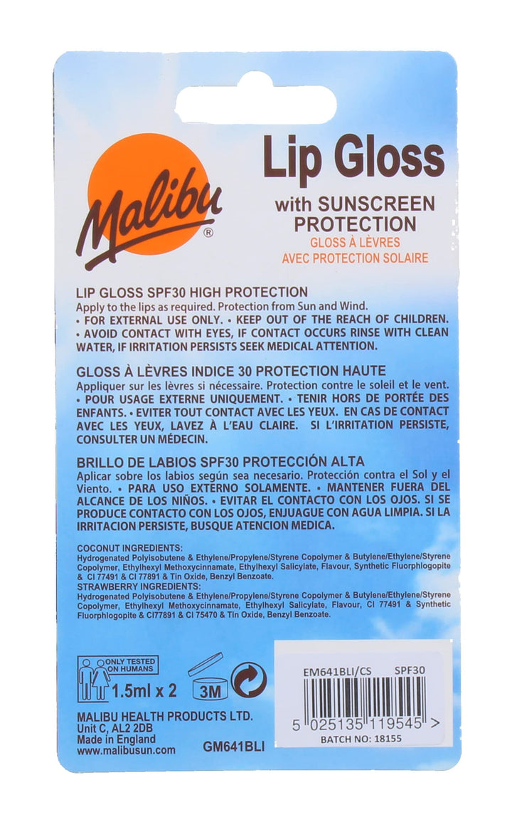 Malibu Lip Gloss, Coconut & Strawberry, 2 x 1.5 ml