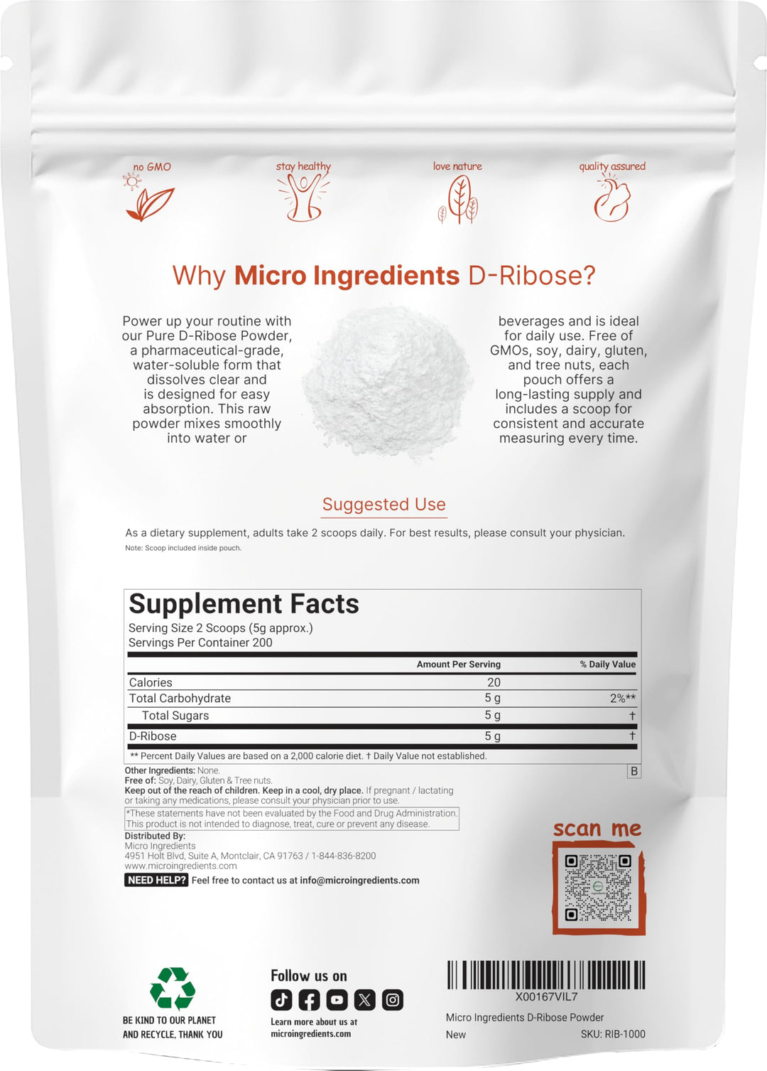 Micro Ingredients Pure D Ribose Powder, 1 kg