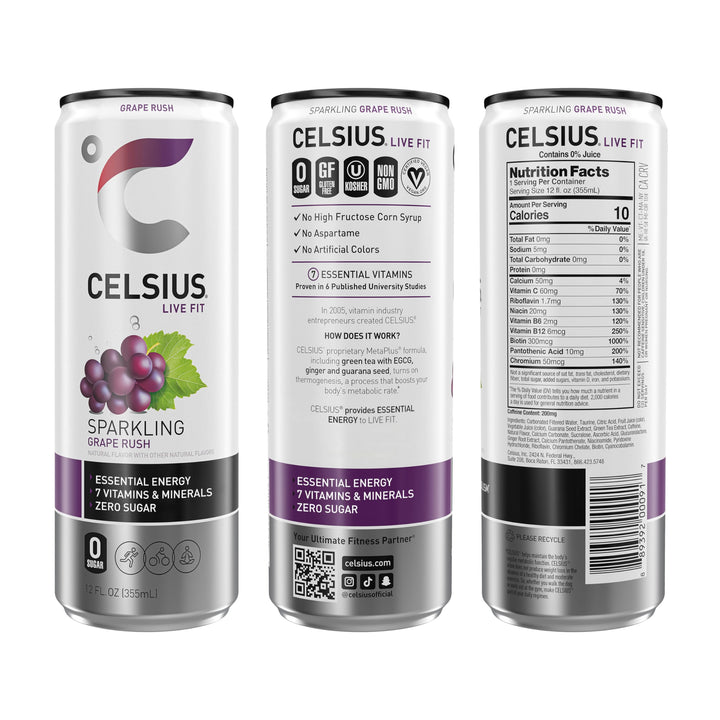CELSIUS Sparkling Grape Rush Energy Drink, Sugar Free, 12 fl oz, Pack of 12