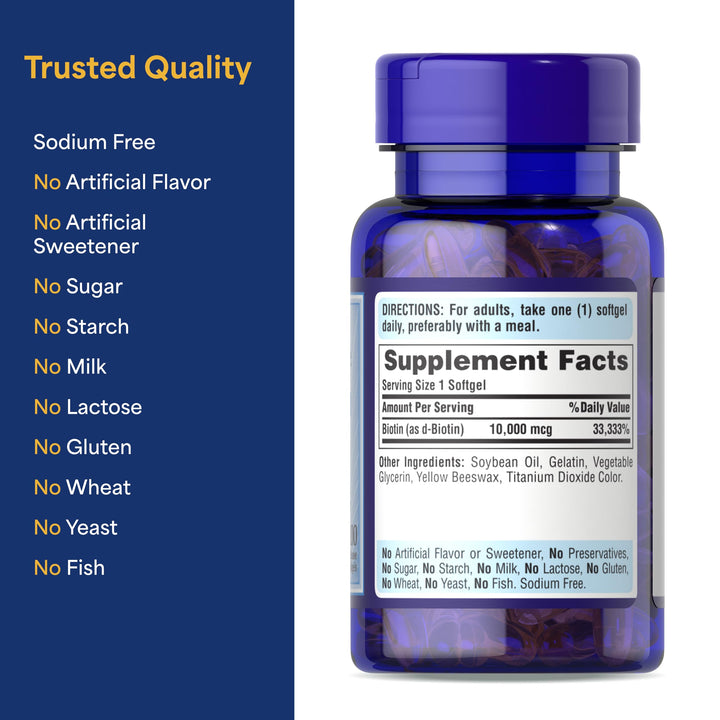 Puritan's Pride Biotin 10000 mcg Softgels, 100 Count