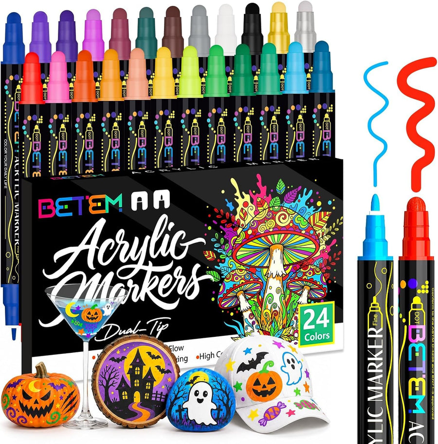 Betem Dual Tip Acrylic Paint Markers, 24 Colors