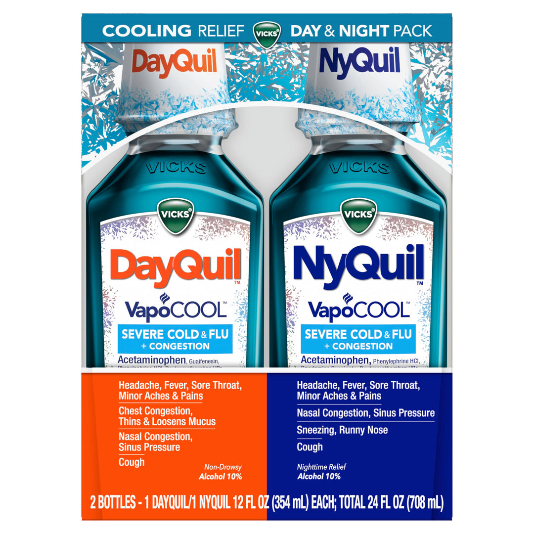 Vicks DayQuil and NyQuil VapoCOOL Severe Combo Cold and Flu Medicine, Max Strength, 12 fl oz, Pack of 2