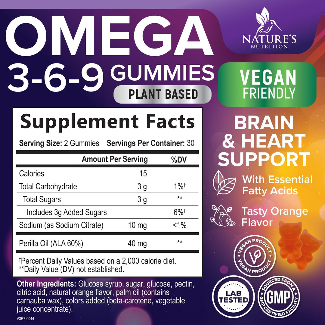 Nature's Nutrition Omega 3 6 9 Gummies, Vegan, 60 Count