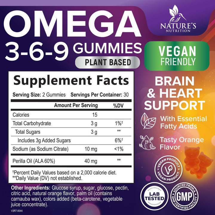Nature's Nutrition Omega 3 6 9 Gummies, Vegan, 60 Count