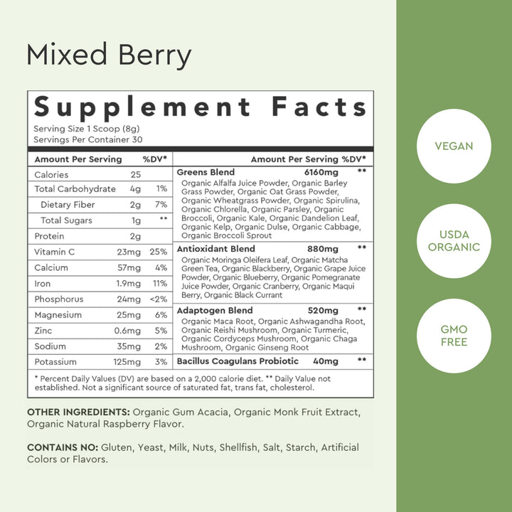 Alaya Naturals Organic Super Greens Powder, Mixed Berry, 30 Servings