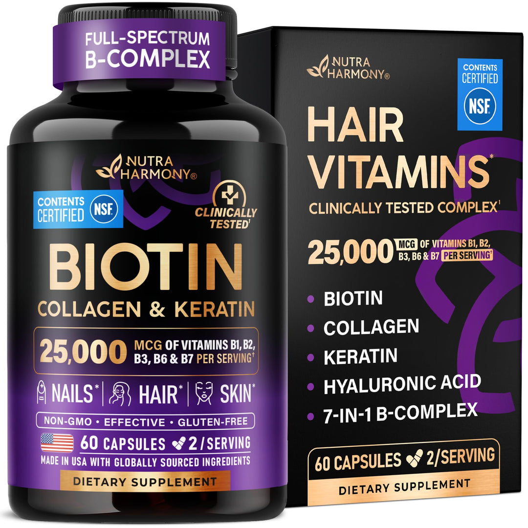 NUTRAHARMONY Biotin Collagen Keratin Hyaluronic Acid Supplement, 25000 mcg, 60 Count
