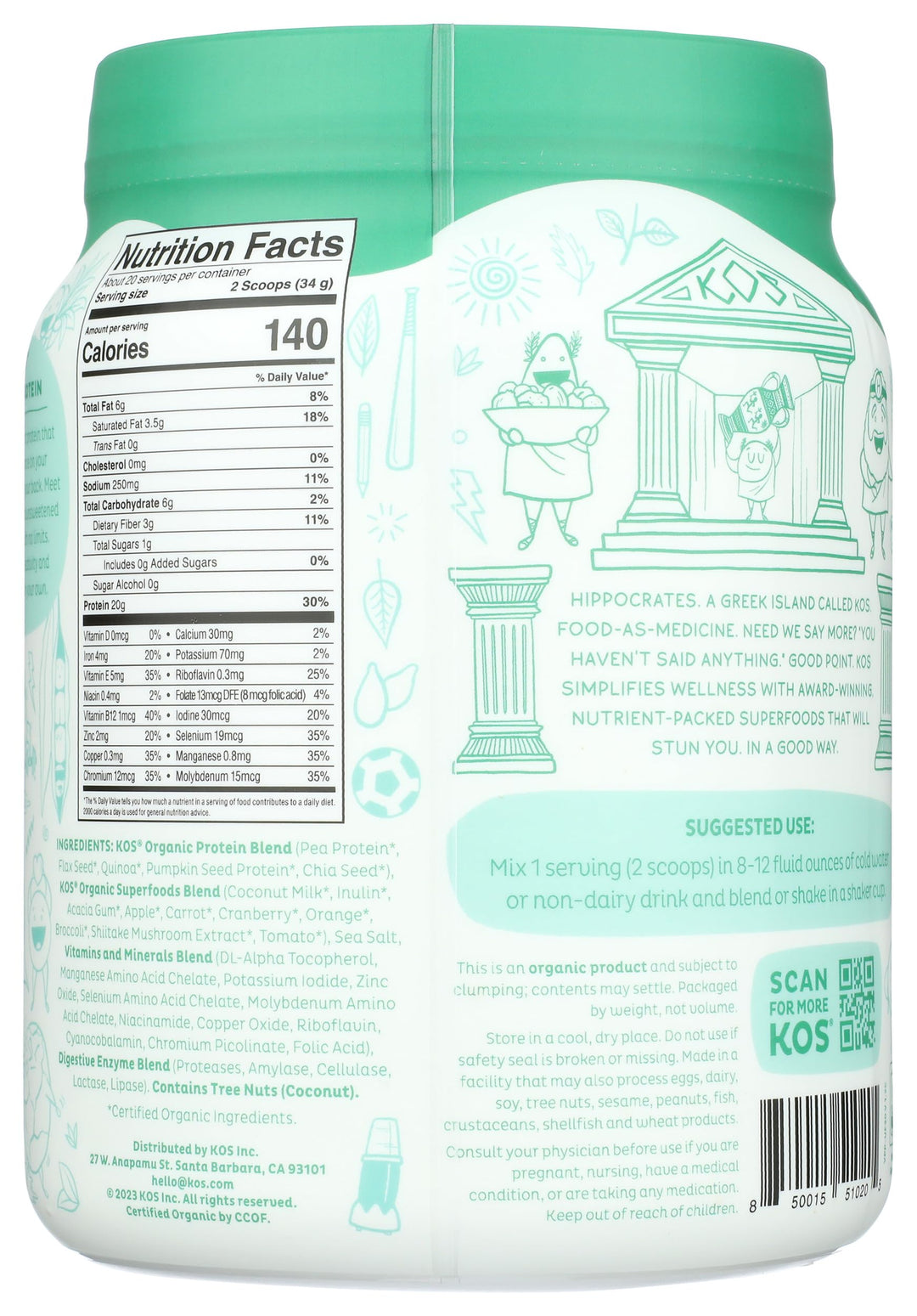 KOS Dairy Free Protein Powder, Unsweetened Unflavored, 1.5 lb