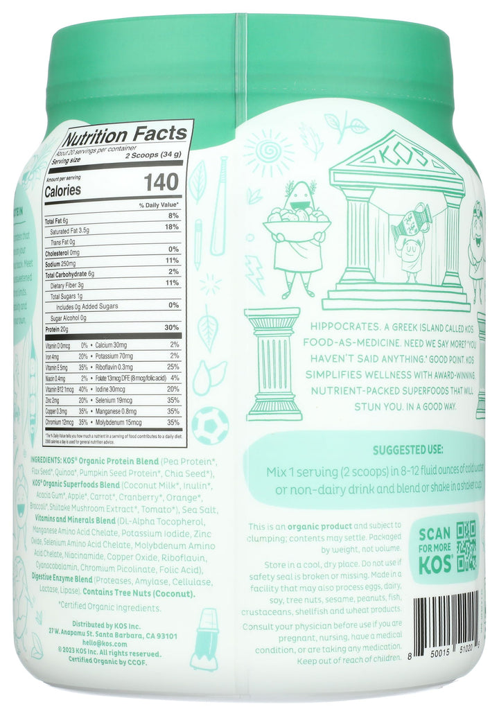 KOS Dairy Free Protein Powder, Unsweetened Unflavored, 1.5 lb