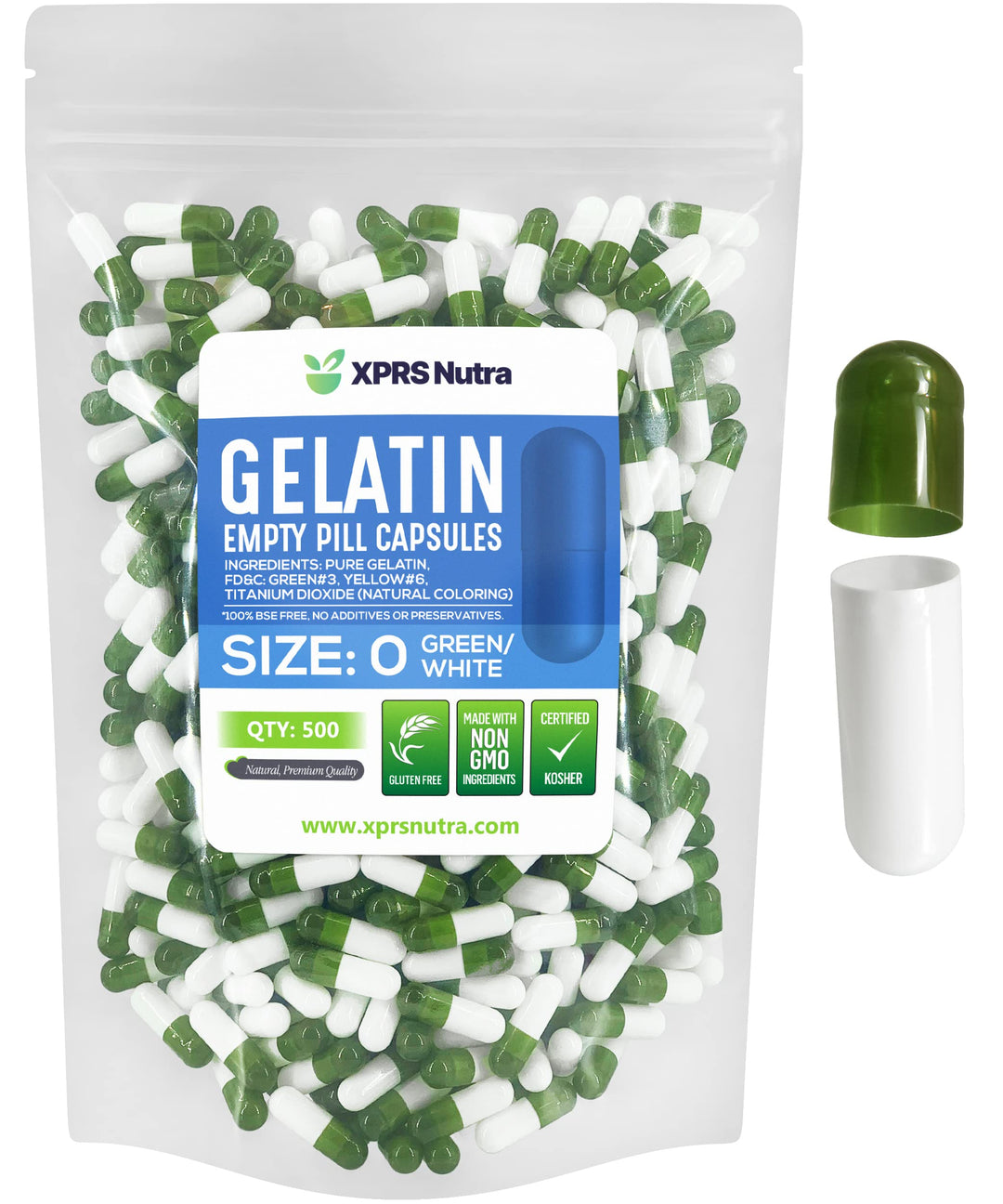 XPRS Nutra Empty Gelatin Capsules, Green and White, Size 0, 500 Count